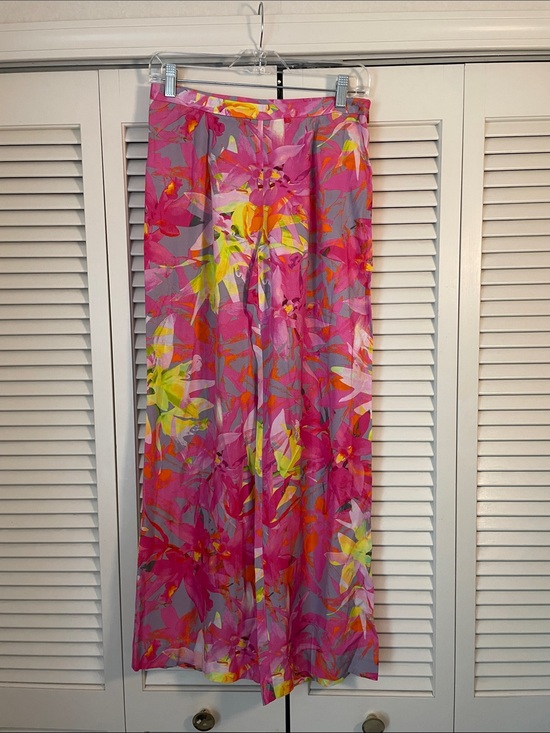 Trina Turk Pants - NWOT Trina Turk Pink Yellow floral wide leg pants Sz 0 full length